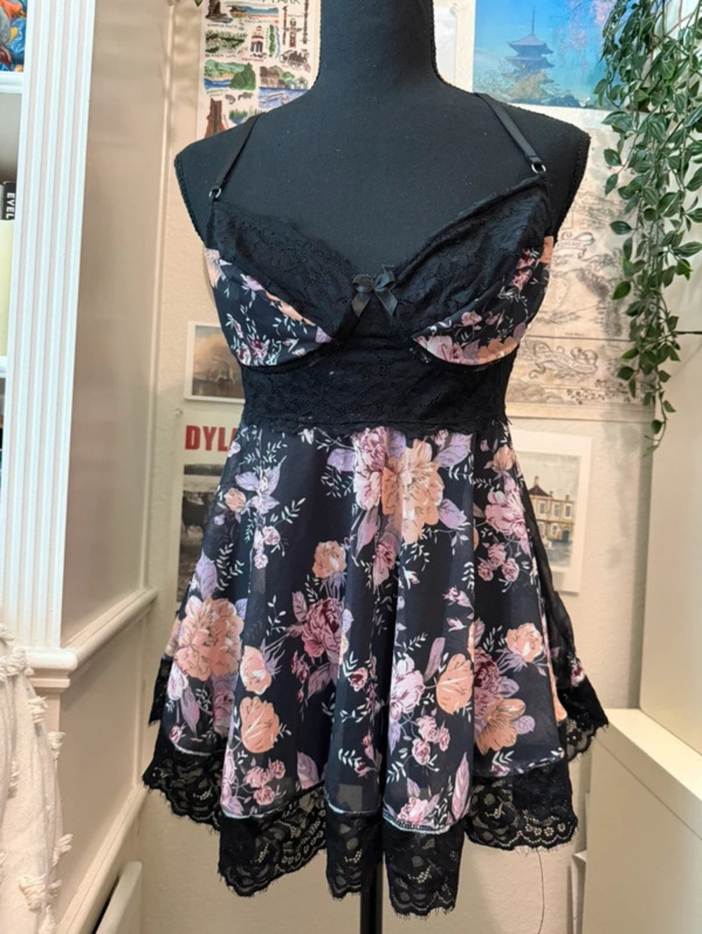 Y2K Black Pink Floral Lace Underwire Babydoll Slip Dress L Lingerie